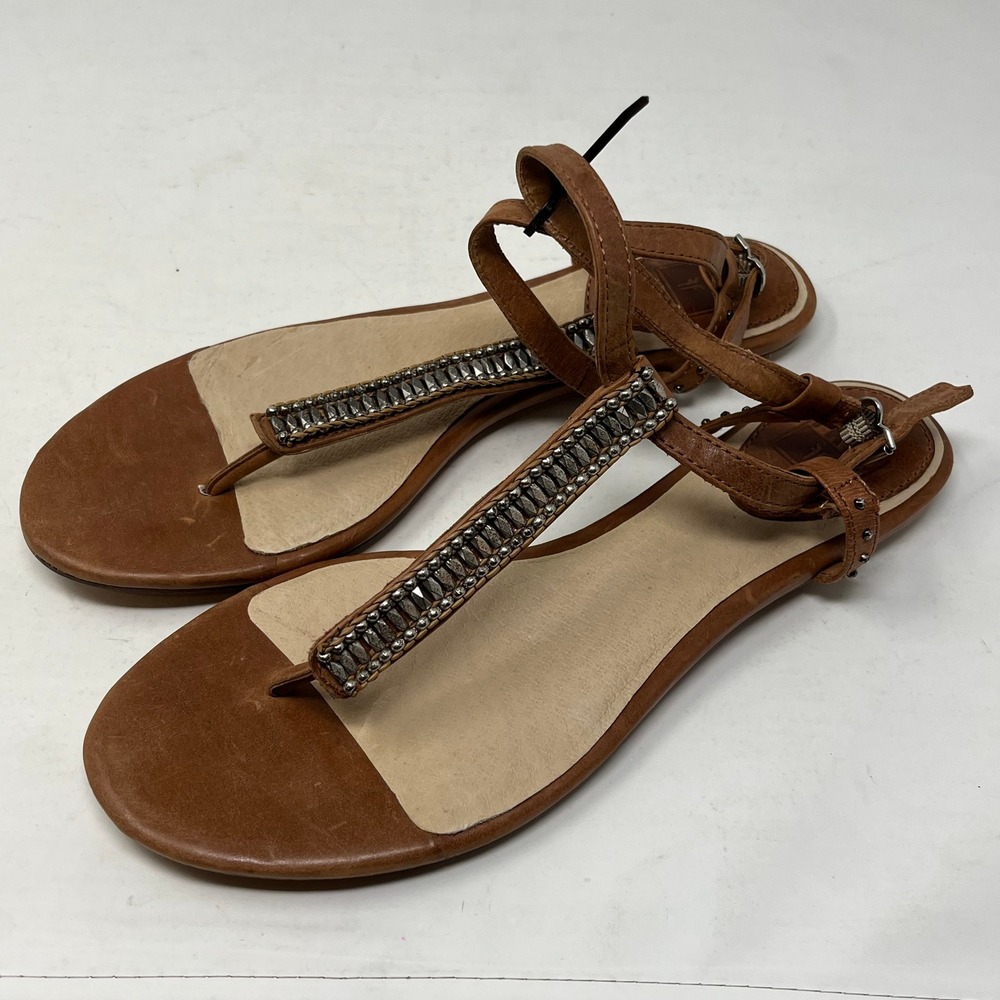 Frye Laurel Beaded T-Strap Leather Sandals Brown Cognac Studded Flat 9M 78460